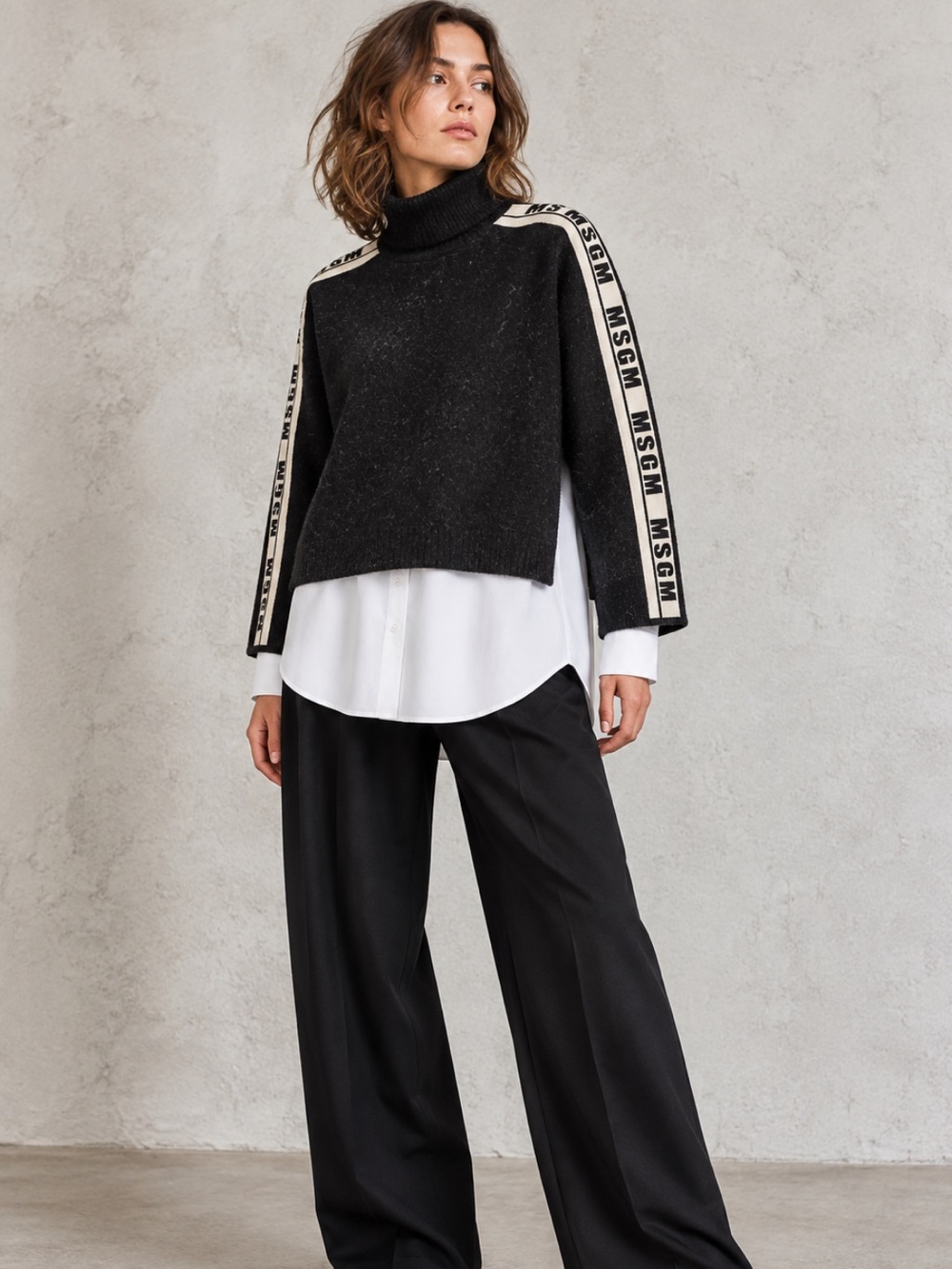MSGM Milano Wool Blend Logo Tape Boxy Turtleneck Sweater Size S
